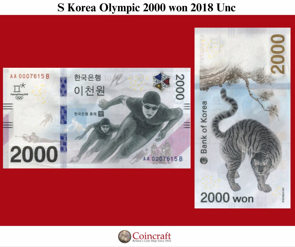 coincraftinfo's tweet photo. #Banknoteoftheweek: Check out this stunning 2000 won banknote commemorating the 2018 Winter Olympics in South Korea! Featuring speed skaters and iconic winter sports, it's a must-have for collectors. https://t.co/Wi4DxxSJNJ #numismatics #banknotecollecting #olympics #southkorea https://t.co/txbnWAlfPo