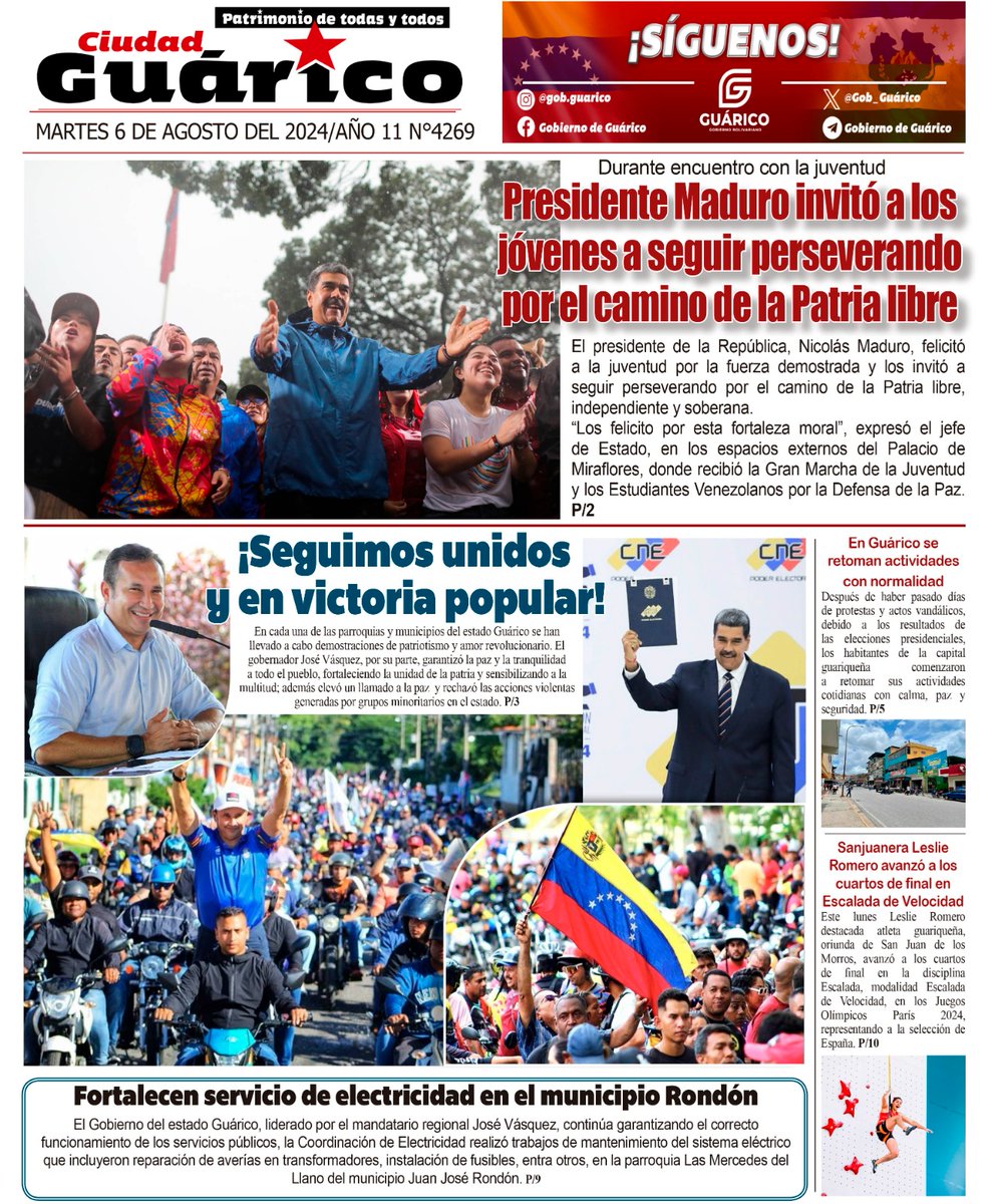 Presentamos la Portada del Diario #CiudadGRC, titulando hoy #6Agosto:

¡Seguimos unidos en victoria popular!

Visita la pág web del Gobierno de Guárico y leé la edición digital.
#LoQueDigaNicolás
Vía: <a href="/Gob_Guarico/">Gobierno de Guárico</a>
<a href="/NicolasMaduro/">Nicolás Maduro</a> <a href="/josemvasquez/">José Vásquez</a>
<a href="/TellecheaRuiz/">Rafael Tellechea</a> <a href="/Goncalvez211/">José D Goncalvez</a> @_Vpsops