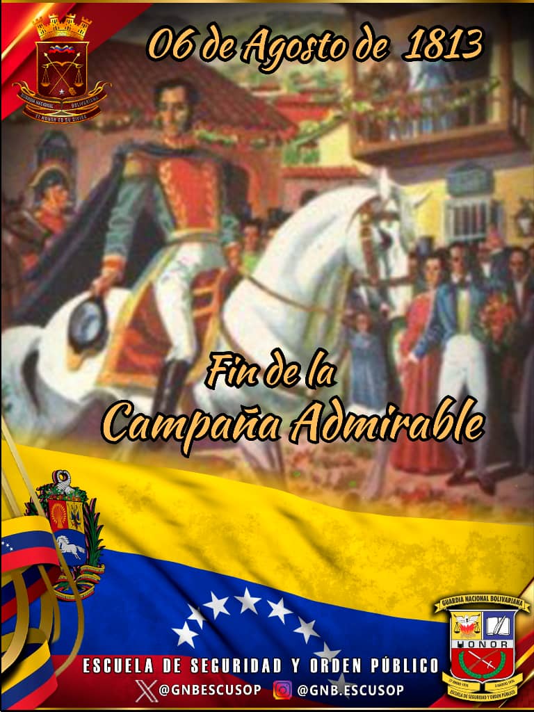 #6Ago de  el Ejército Libertador liderado por Simón Bolívar entró en la ciudad de Caracas, culminando así la Campaña Admirable. Y recibió por parte de la Municipalidad de Caracas y a petición del gobernador de la ciudad, Cristóbal Mendoza, el titulo de Libertador de ejércitos