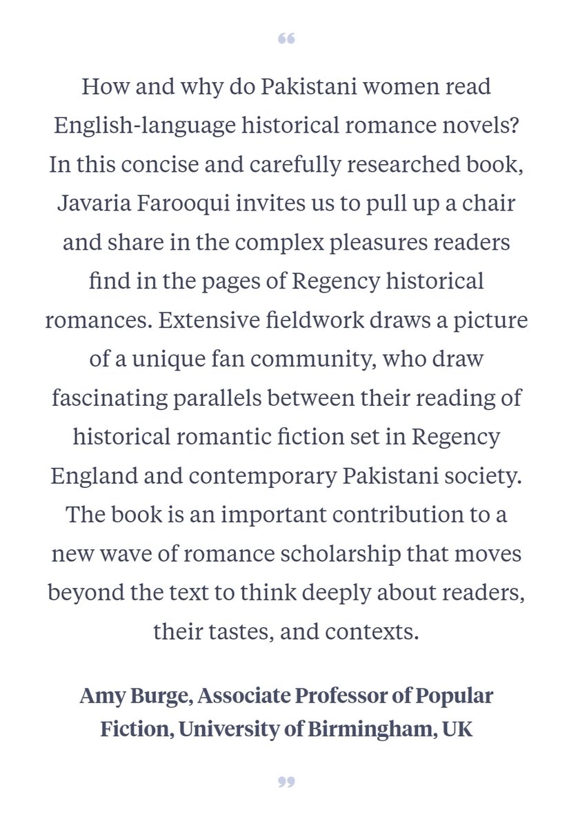 Dr. Javaria Farooqui (@javariafarooqui) on Twitter photo My upcoming monograph, "Romance Fandom in 21st-Century Pakistan," has received lovely reviews from amazing romance scholars <a href="/JodiMcA/">Jodi McAlister</a>, <a href="/dramyburge/">Dr Amy Burge</a> and <a href="/prof_romance/">Profromance, Ph.D.</a> ❤️
The reviews are now posted on the Bloomsbury website.
#Romance #Fanstudies #fandoms #RomanceReaders #mybook My upcoming monograph, "Romance Fandom in 21st-Century Pakistan," has received lovely reviews from amazing romance scholars <a href="/JodiMcA/">Jodi McAlister</a>, <a href="/dramyburge/">Dr Amy Burge</a> and <a href="/prof_romance/">Profromance, Ph.D.</a> ❤️
The reviews are now posted on the Bloomsbury website.
#Romance #Fanstudies #fandoms #RomanceReaders #mybook