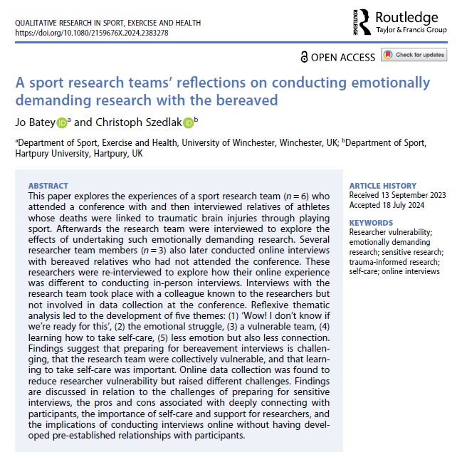 Jo Batey (@drjobatey) on Twitter photo Proud to have FINALLY got this published. It's not been without challenge. Huge thanks to <a href="/DrChrisSzedlak/">Christoph Szedlak</a> for his academic input and friendship. It's open access and if you undertake sensitive research, it's the read for you! doi.org/10.1080/215967…
<a href="/QualiSEH/">QRSEH</a> <a href="/UoWSport/">UoW Department Of Sport, Exercise & Health</a> Proud to have FINALLY got this published. It's not been without challenge. Huge thanks to <a href="/DrChrisSzedlak/">Christoph Szedlak</a> for his academic input and friendship. It's open access and if you undertake sensitive research, it's the read for you! doi.org/10.1080/215967…
<a href="/QualiSEH/">QRSEH</a> <a href="/UoWSport/">UoW Department Of Sport, Exercise & Health</a>