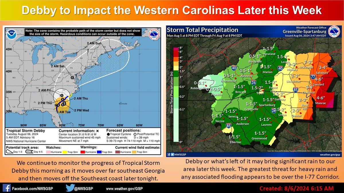 Tropical Cyclone Debby is expected to move very slowly over the next couple of days. Please see the latest Advisory graphic from the National Hurricane Center and the expected rainfall for our forecast area below: