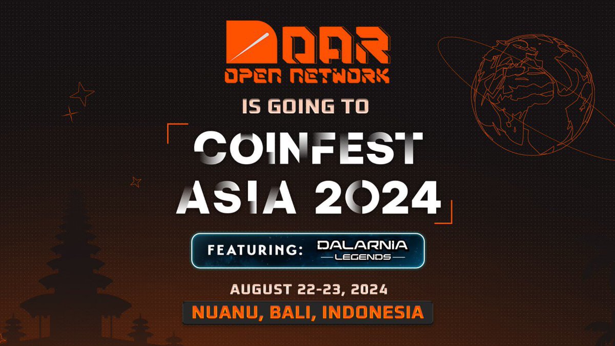 Guess who’s going to Indonesia? 🇮🇩

We are! The #DAROpenNetwork team will be attending #CoinfestAsia 2024 on August 22-23 at Nuanu City, Bali, Indonesia.

Come join us! We will be featuring our games, including #DalarniaLegends, and giving away some cute merch! 🎁