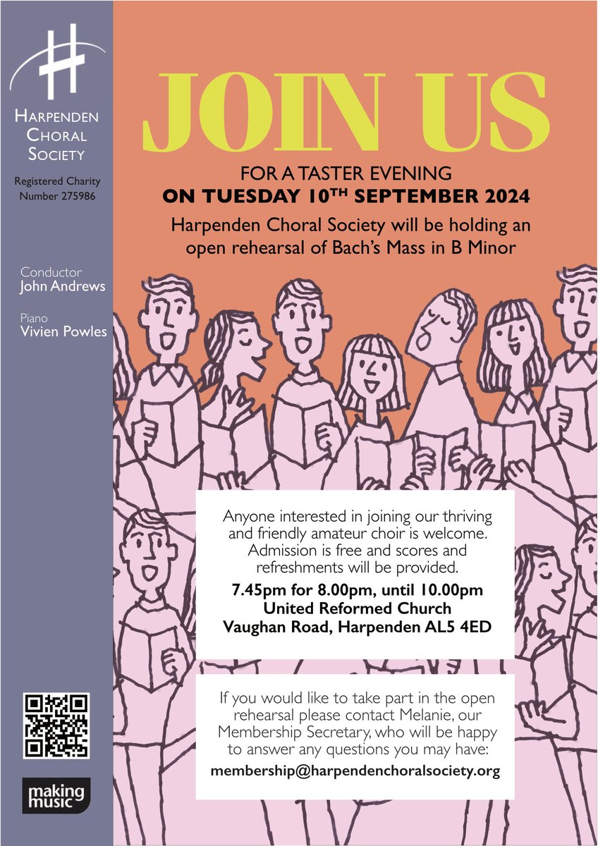 We are enjoying the summer break but looking forward to singing the wonderful Bach B Minor Mass next term. Would you like to join us? Details of our Taster Evening below:
