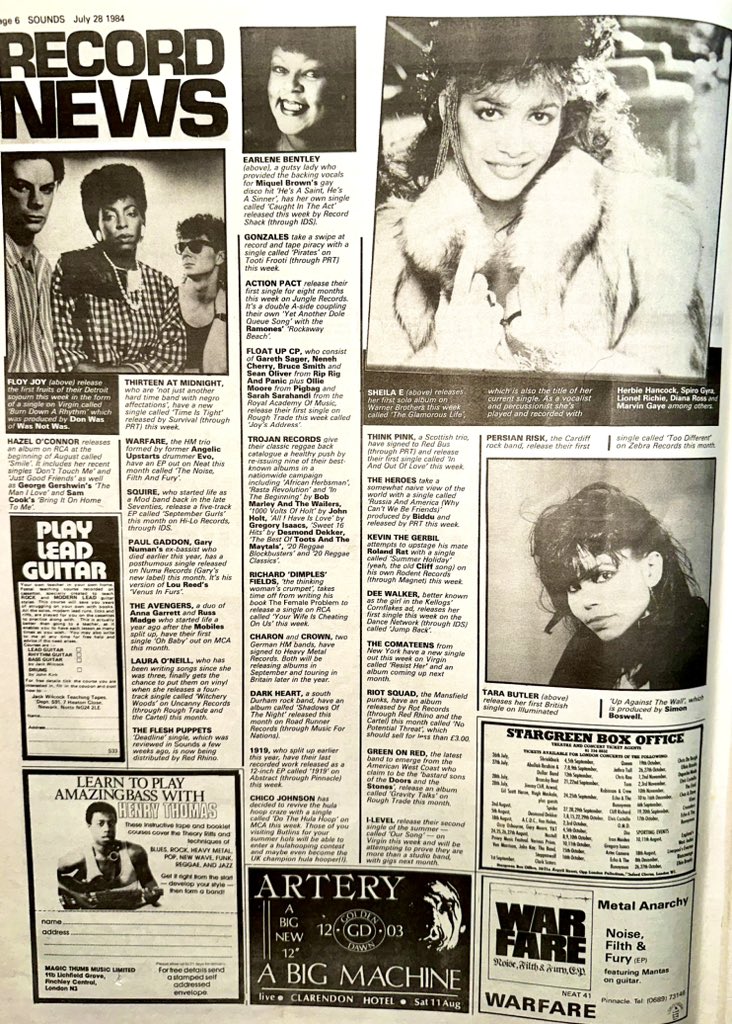 ZoundsAbound's tweet image. This weeks round up of Record &amp;amp; Tour News has info on @Hazel_OConnor #TheFleshPuppets #ActionPact @SheilaEdrummer #GreenOnRed #YeahYeahNoh #Runestaff #TheJasmineMinks &amp;amp; Tyneside band #Emerson among others 

Sounds Jul 28th 1984