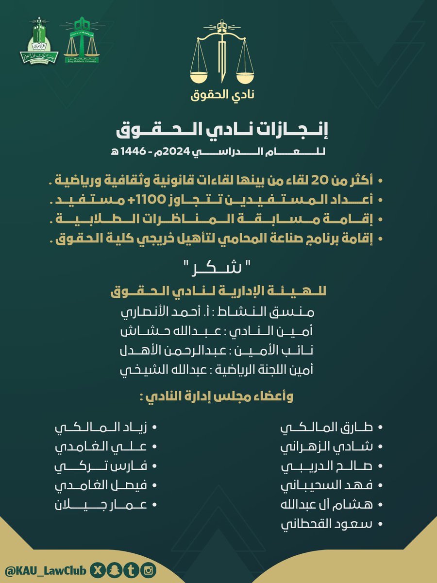 أعزائنا أصدقاء وداعمي نادي الحقوق ⚖️ ، إليكم إنجازات النادي لهذا العام ، بتوفيق من الله ثم دعمكم ومتابعتكم ، شكراً لكم ونعدكم بالأفضل قريبًا بإذن الله تعالى .