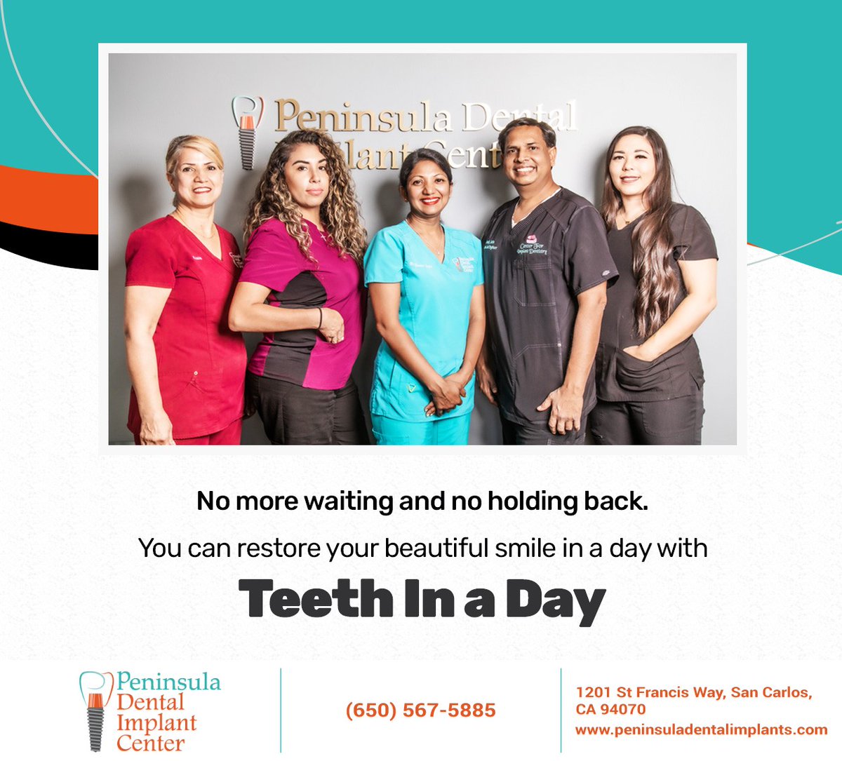Experience the natural look and feel, even after losing your natural teeth, in one day. To get your teeth in a day, visit Peninsula Dental Implant Center and return with a fully restored smile. #teethinaday #toothloss #redwoodcity #CA #peninsuladentalimplants