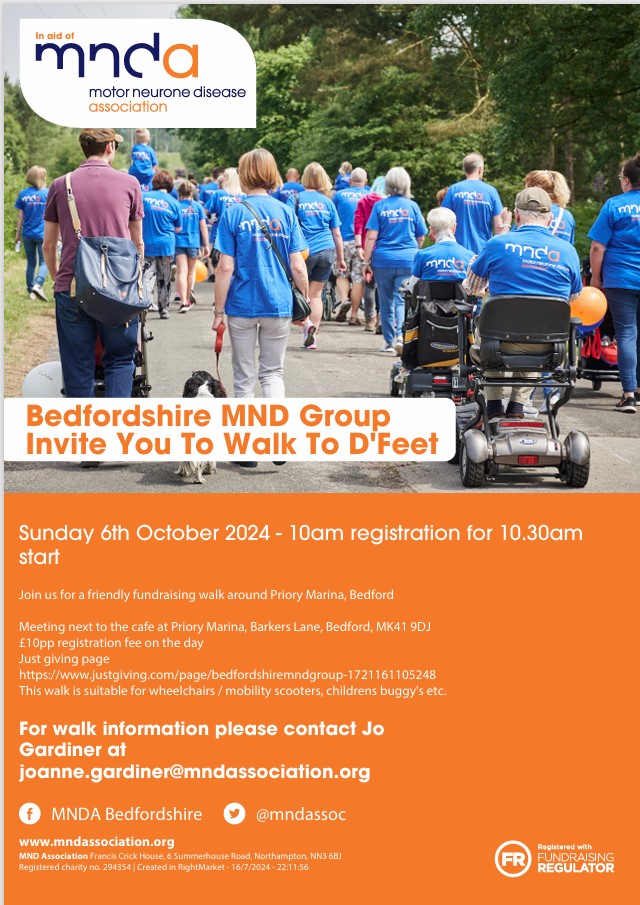 RWiddecombeMND's tweet photo. Bedfordshire Group are holding their Walk to D'feet event at a new location this year which will be at Priory Marina in Bedford on Sunday 6th October @mndassoc https://t.co/gLNy9dfcZS