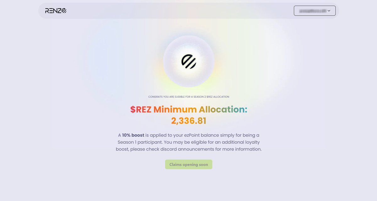 TheAirdropCoach's tweet photo. Renzo Season 2 Claim Checker is LIVE

Check your allocation here: https://t.co/lHNFpsOXAT

To qualify for the airdrop, you need a minimum balance of 2,000 ezPoints on July 26th.

Season 1 unclaimed tokens will be distributed to users who have either maintained. https://t.co/FJ3fEbxQck