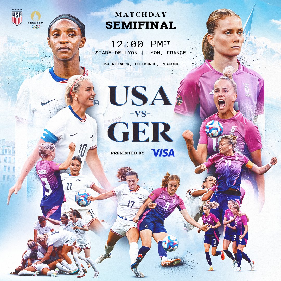 GOOD MORNING AND HAPPY SEMIFINAL MATCHDAY FROM LYON!!!!! 

Paris 2024 Olympics, Semifinal Round

🇺🇸 USA vs Germany 🇩🇪

Noon ET
📍 Lyon

📺 USA Network / Telemundo 
💻 Peacock

Match Preview » ussoc.cr/24OlySF

#USWNT x <a href="/Visa/">Visa</a>
