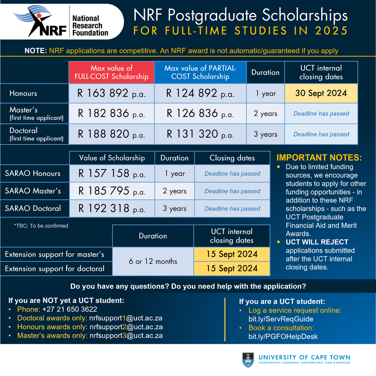 Do you want to study your Honours degree <a href="/UCT_news/">UCT</a> next year? Apply for <a href="/NRF_News/">National Research Foundation of South Africa</a> funding. NB! TIP: Don't leave your submission to the last minute because completing the online application process takes time! More info: bit.ly/NRF2025