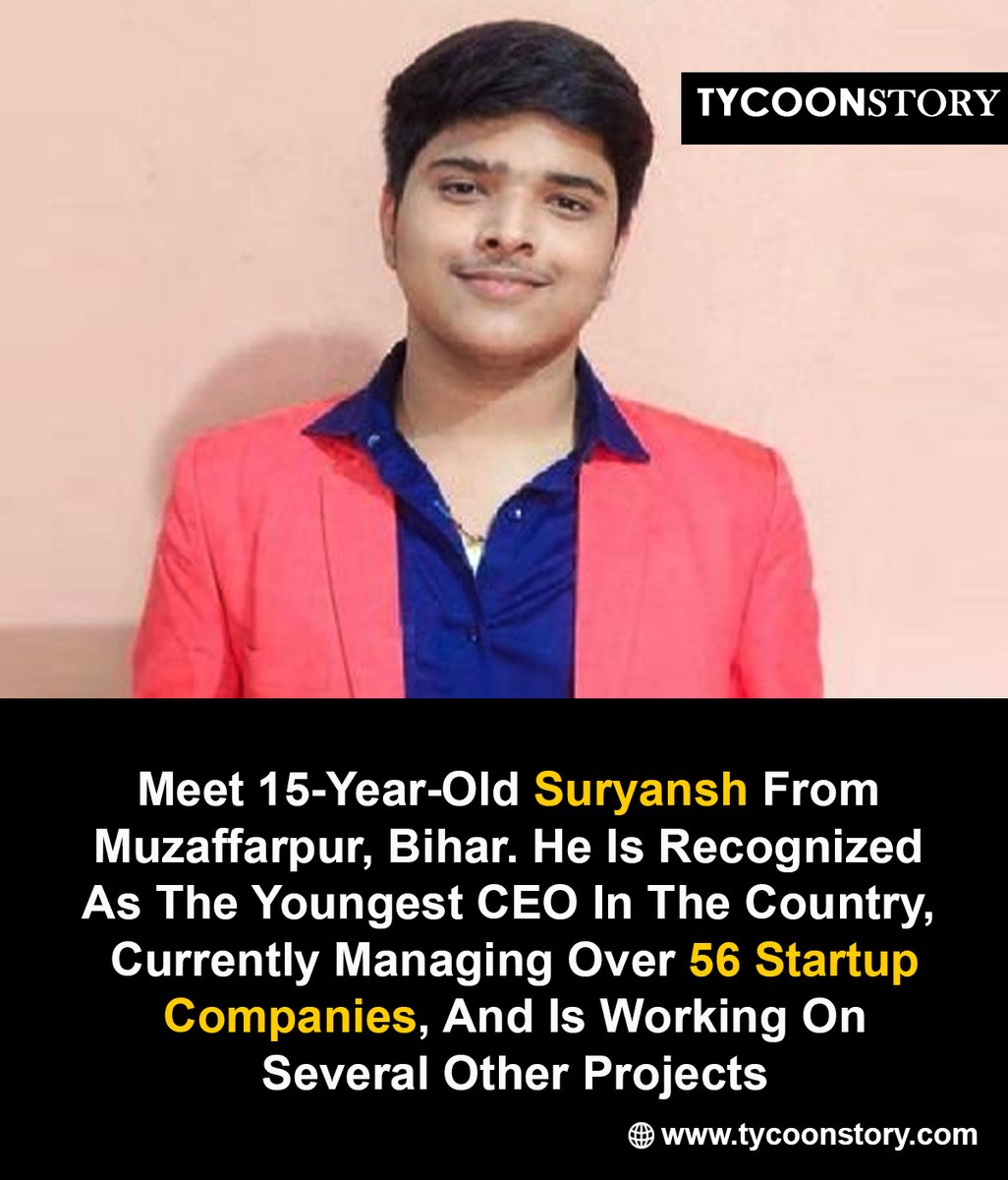 TycoonStoryCo's tweet photo. #SuryanshCEO #YoungEntrepreneur
#StartupProdigy #TeenCEO #BusinessMaverick
#StartupSuccess #FutureLeader
#YouthInBusiness #Innovator #MuzaffarpurPride
#TeenBusinessman #StartupManagement
#YoungCEO @HarvardBiz
https://t.co/jWxtt2gOKY https://t.co/HzIg1YSMDq