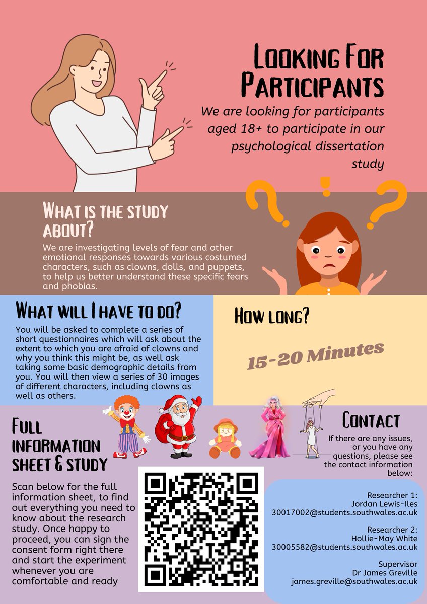 Jordan Lewis-Iles (@jordan_l_iles) on Twitter photo Help <a href="/Hollister_xox/">Hollie-May Gillen</a> and I in our #psychology dissertation by sharing your thoughts towards these costumed characters! Quick 15-20min survey. Follow the link for the full info sheet (computer/tablet only) 🤡🎭
Please share ↪
research.sc/participant/lo… Help <a href="/Hollister_xox/">Hollie-May Gillen</a> and I in our #psychology dissertation by sharing your thoughts towards these costumed characters! Quick 15-20min survey. Follow the link for the full info sheet (computer/tablet only) 🤡🎭
Please share ↪
research.sc/participant/lo…