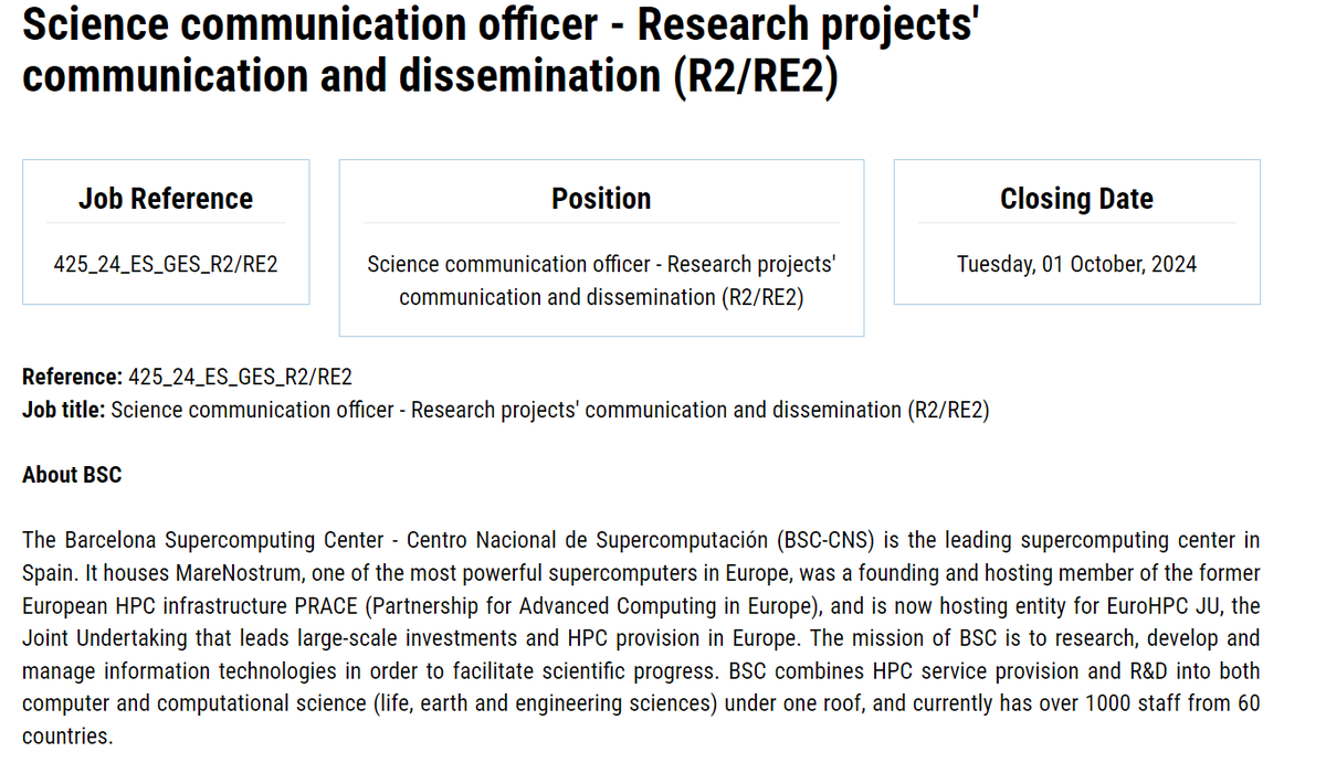 🖖JOB OFFER!

¿Eres comunicadora científica? ¿Tienes nociones de diseño gráfico? Te buscamos😊

🌍💻En el Departamento de Ciencias de la Tierra <a href="/BSC_CNS/">BSC-CNS</a> abrimos una posición para comunicar y diseminar proyectos científicos y preparar material gráfico.

ℹ️ bsc.es/join-us/job-op…