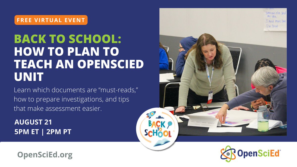 OpenSciEd's tweet photo. Back-to-School prep with #OpenSciEd. Check out the webinars in our FREE Back to School Webinar Series!  

✅ August 13: Supporting Absent Students 
✅ August 21: How to Plan to Teach an OpenSciEd Unit ✅ August 27: Substitute Plans that Support Student Sensemaking  

Register ➡️ https://t.co/MJiR3yxpsr!   

Whether you're new to #OpenSciEd or a seasoned pro, these webinars will give you the tools and insights you need to make this school year a success for you and your students. #LearnwithOpenSciEd #BackToSchool2024