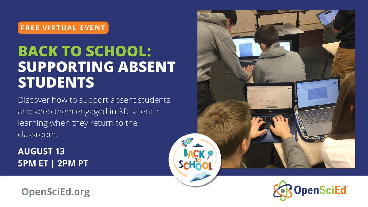 OpenSciEd's tweet photo. Back-to-School prep with #OpenSciEd. Check out the webinars in our FREE Back to School Webinar Series!  

✅ August 13: Supporting Absent Students 
✅ August 21: How to Plan to Teach an OpenSciEd Unit ✅ August 27: Substitute Plans that Support Student Sensemaking  

Register ➡️ https://t.co/MJiR3yxpsr!   

Whether you're new to #OpenSciEd or a seasoned pro, these webinars will give you the tools and insights you need to make this school year a success for you and your students. #LearnwithOpenSciEd #BackToSchool2024