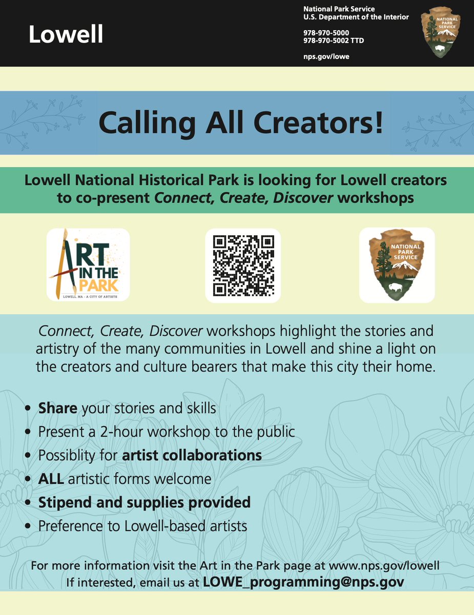 ℂ𝕒𝕝𝕝𝕚𝕟𝕘 𝕒𝕝𝕝 𝕒𝕣𝕥𝕚𝕤𝕥𝕤 𝕒𝕟𝕕 𝕔𝕣𝕖𝕒𝕥𝕠𝕣𝕤!🖌🎨

The <a href="/LowellNPS/">Lowell National Historical Park</a> is looking to Lowell-based artists &amp; creators to co-present their upcoming Art in the Park workshops!

Interested? Learn more here: nps.gov/lowell