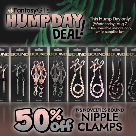 fantasygifts's tweet image. This Hump Day enjoy 50% off all NS Novelties Bound N*pple Clamps!
Deal only offered on Wednesday, August 7th, available in-store only, while supplies last.
#shoplocal #familybusiness #fantasygifts #fantasygiftsminnesota #womanowned