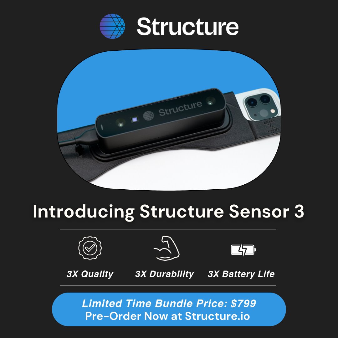 structure's tweet image. With a longer battery life, enhanced performance, and improved durability, capturing 3D scans has never been easier. Create custom solutions in minutes with Structure’s 3D scanning platform. Limited Time Bundle Price: $799
Pre-order now at Structure.io