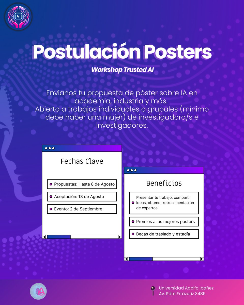 Participa en la Sesión de Pósteres del evento TRUSTED AI 2024 🧠✨

🔹 ¿Quiénes pueden participar?
Socias activas, potenciales y comunidad de IA.

🔹 Fechas:
📅 Propuestas: hasta el 8/8
📅 Evento: 2/9
🔹 Becas disponibles.

Mas info: trustedai.mujeresia.cl