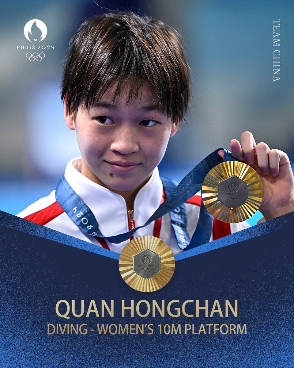 OlympicsCN's tweet photo. They made the water forget to splash again!🌊 #Diving
In Women's 10m Platform at #Paris2024, Quan Hongchan won the 22nd gold for #TeamChina! 🙌🇨🇳
She and silver medalist Chen Yuxi dominated the competition with their incredible performances! Congrats to both! 🥇🥈 #Olympics https://t.co/Wn3CNPFGQA