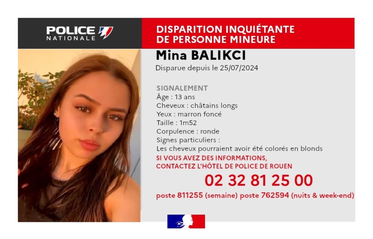76actu's tweet photo. Une adolescente de 13 ans a disparu depuis le 25 juillet, dans l'agglo de Rouen. Mina a quitté son foyer de Canteleu où elle est hébergée. La police a lancé un appel à témoins. https://t.co/bFzI8pY1xD