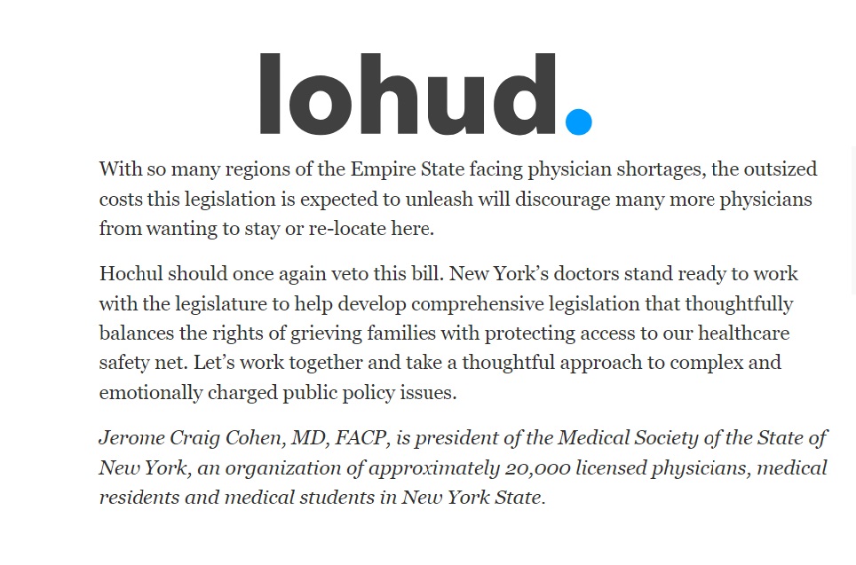 #MSSNY President #DrJeromeCohen discusses how to protect health care, NY lawmakers should take a collaborative, comprehensive approach. Read op-ed in <a href="/lohud/">lohud.com</a> 
ow.ly/G2mG50SSeG4 #WrongfulDeath Take action! p2a.co/FEYuad4