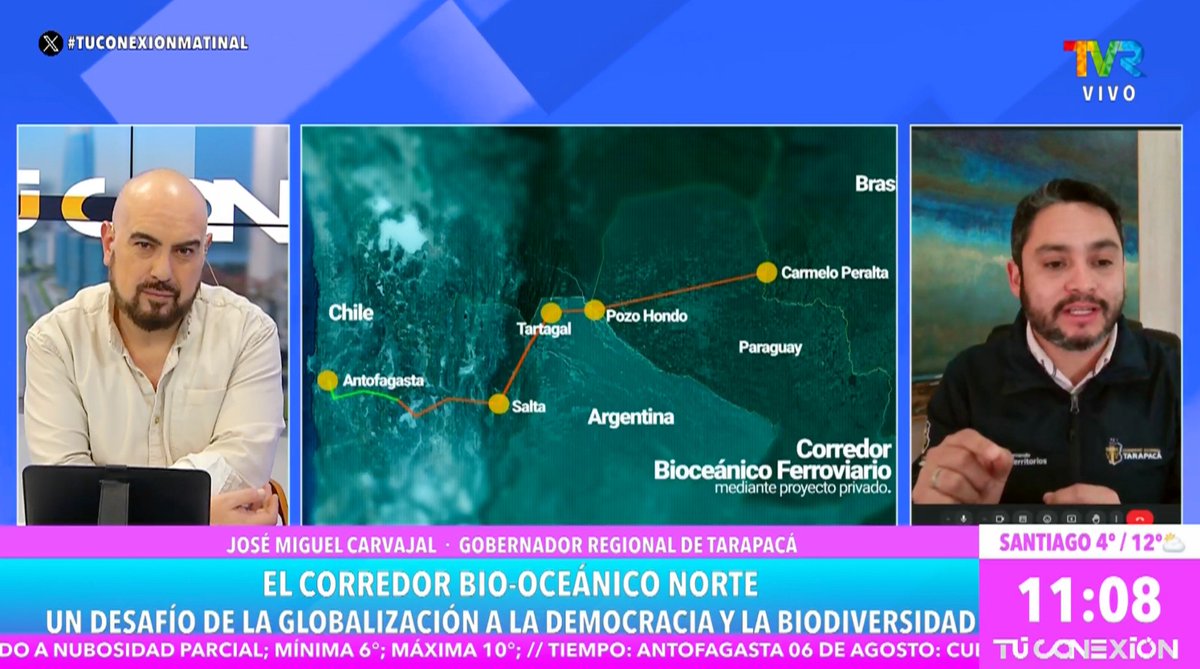 Gore_Tarapaca's tweet photo. #MediosNacionales📺

Gobernador @JMCarvajalG conversó con Karim Buhadla en #TuConexiónMatinal del @CanalTVRChile.

La autoridad se refirió a su participación en el Foro Empresarial #Chile - #Brasil 2024, cuyos presidentes reafirmaron su compromiso con el #CorredorBioceánico Vial. https://t.co/2YxakpdoVX