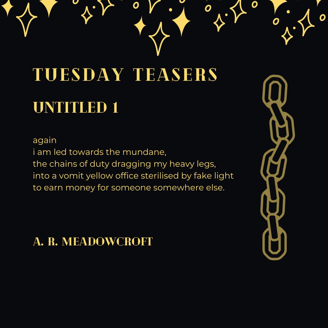 TUESDAY TEASERS👀
Each week leading up to Issue 1, we will be sharing small extracts of pieces that feature in our inaugural issue! 

Here's a glimpse into untitled 1, a striking poem by @armeadwocroft.

#WritingCommunity #writerslift