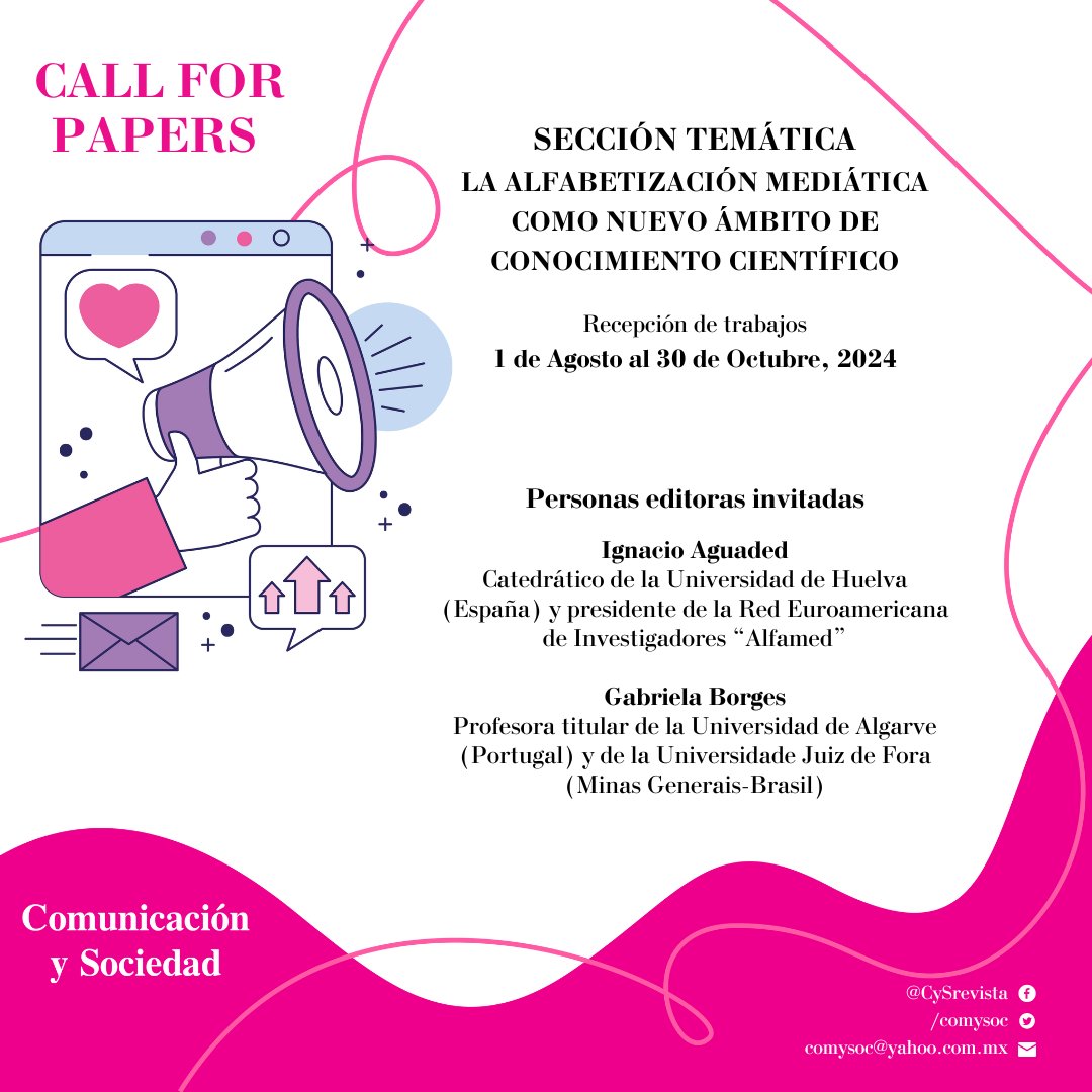 CySrevista's tweet image. 📢📝 ¡Call for Papers! Publica tu investigación sobre alfabetización mediática en Comunicación y Sociedad.

🔗 comunicacionysociedad.cucsh.udg.mx/index.php/coms…
🗓️ Hasta el 30 de octubre, 24. 
✒️ Editores: Ignacio Aguaded y Gabriela Borges.

#RCyS #alfabetización #comunicación #educación #CallForPapers