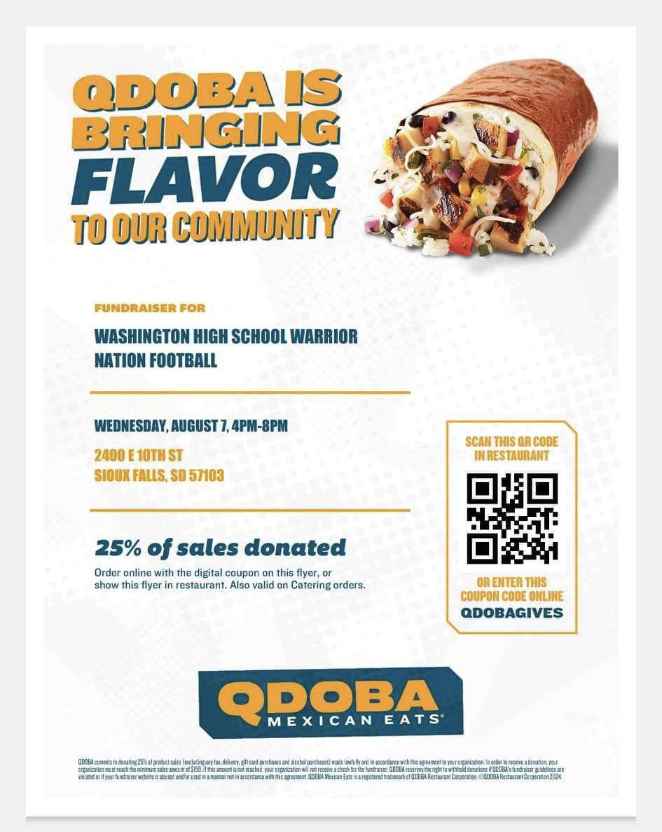 nation_fb's tweet photo. Who wants some Qdoba? Tomorrow, Wednesday, August 7 from 4pm- 8pm, 25% of the sales proceeds from the east-side location will go to Warrior Football! Go Warriors! https://t.co/RLEh8bnbbN