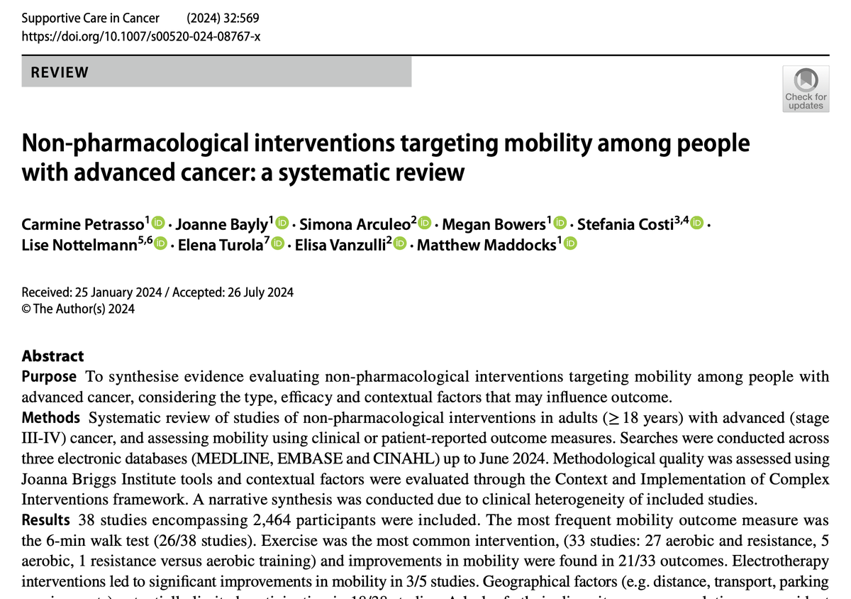 New open-access article in <a href="/MASCC_JSCC/">Supportive Care in Cancer: Springer Journal</a>: Non-pharmacological interventions targeting mobility among people with advanced cancer: a systematic review

link.springer.com/article/10.100…

#SuppOnc