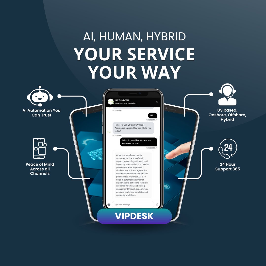 VIPdeskConnect's tweet photo. 🌟 Introducing Next Gen Customer Care: AI Human Hybrid 🌟 At VIPdesk, we're revolutionizing customer support. Say goodbye to long wait times and generic responses - we're here to provide support YOUR way.

#customersupport #ai #automation #cx #vipdesk https://t.co/ShESKe5GZE