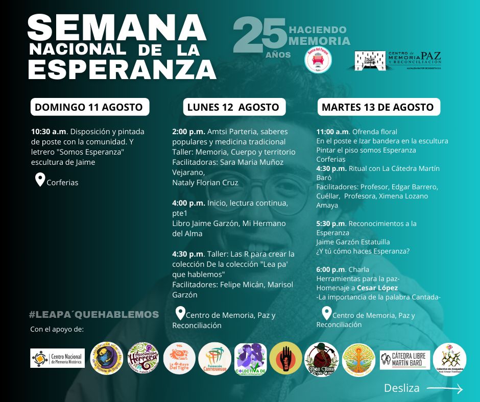 Ccajar's tweet photo. 🎙️¡Empezó esto compa! 🗓️🫂🕊️🌿
Aquí la programación de 
LA SEMANA NACIONAL DE LA ESPERANZA 2024 🌿
Homenaje a #JaimeGarzon #JaimeGarzon25años https://t.co/ihLodq6aJJ