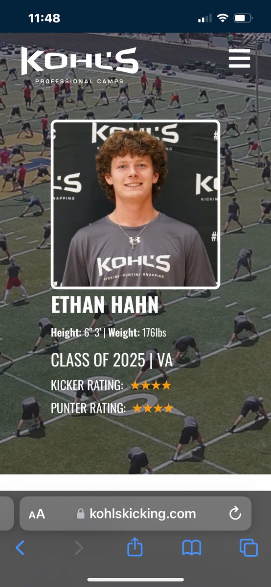 Ethan Hahn (@ethan_hahn2025) on Twitter photo Blessed to be ranked a 4⭐️ kicker and punter.
<a href="/CoachTank78/">Frank Mullen</a> <a href="/KohlsKicking/">Kohl's Kicking Camps</a> <a href="/KohlsHighlights/">Kicking, Punting, Long Snapping Highlights</a> Blessed to be ranked a 4⭐️ kicker and punter.
<a href="/CoachTank78/">Frank Mullen</a> <a href="/KohlsKicking/">Kohl's Kicking Camps</a> <a href="/KohlsHighlights/">Kicking, Punting, Long Snapping Highlights</a>