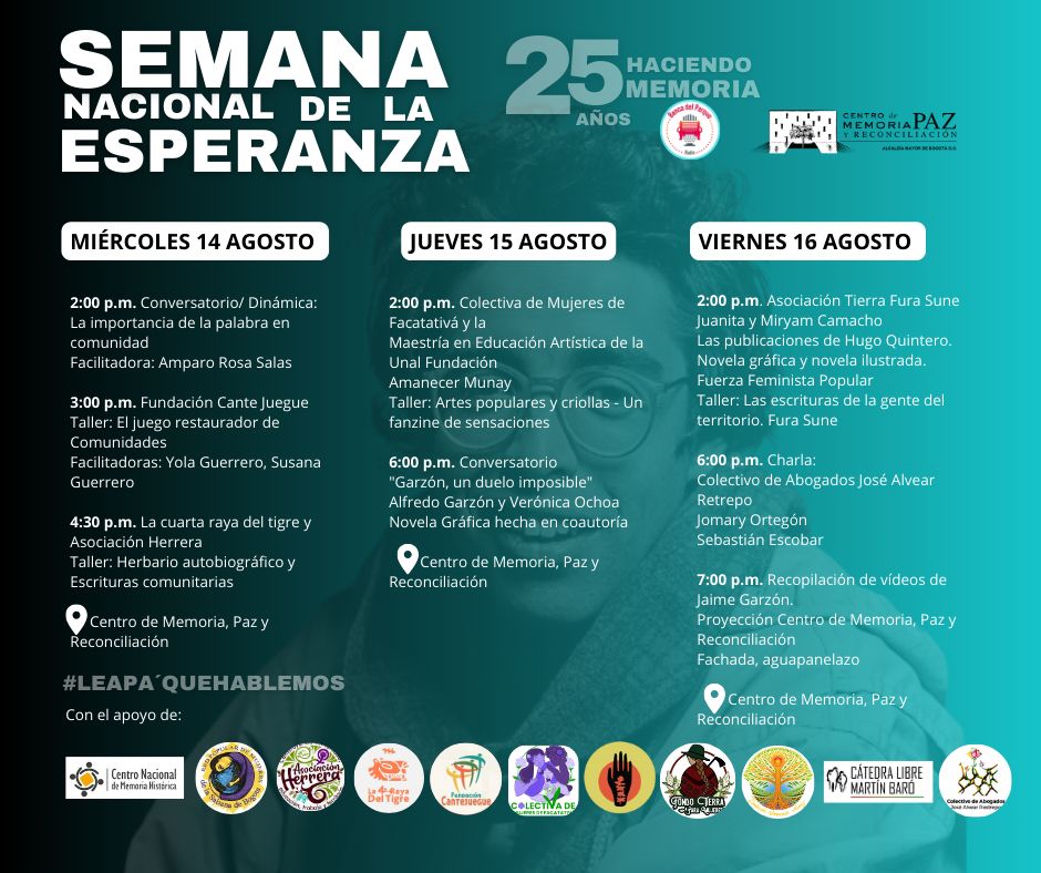 Ccajar's tweet photo. 🎙️¡Empezó esto compa! 🗓️🫂🕊️🌿
Aquí la programación de 
LA SEMANA NACIONAL DE LA ESPERANZA 2024 🌿
Homenaje a #JaimeGarzon #JaimeGarzon25años https://t.co/ihLodq6aJJ