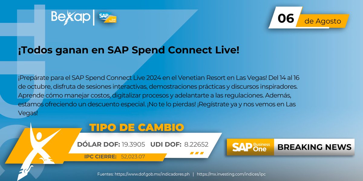 BexapGroup's tweet image. ¡Prepárate para el SAP Spend Connect Live 2024 en Las Vegas! Del 14 al 16 de octubre, disfruta de sesiones interactivas y demostraciones prácticas. ¡No te lo pierdas!

📞 Más info en bexap.com o WhatsApp: 55 6786 4591.

#Bexap #SAPSpendConnect #Innovación #LasVegas