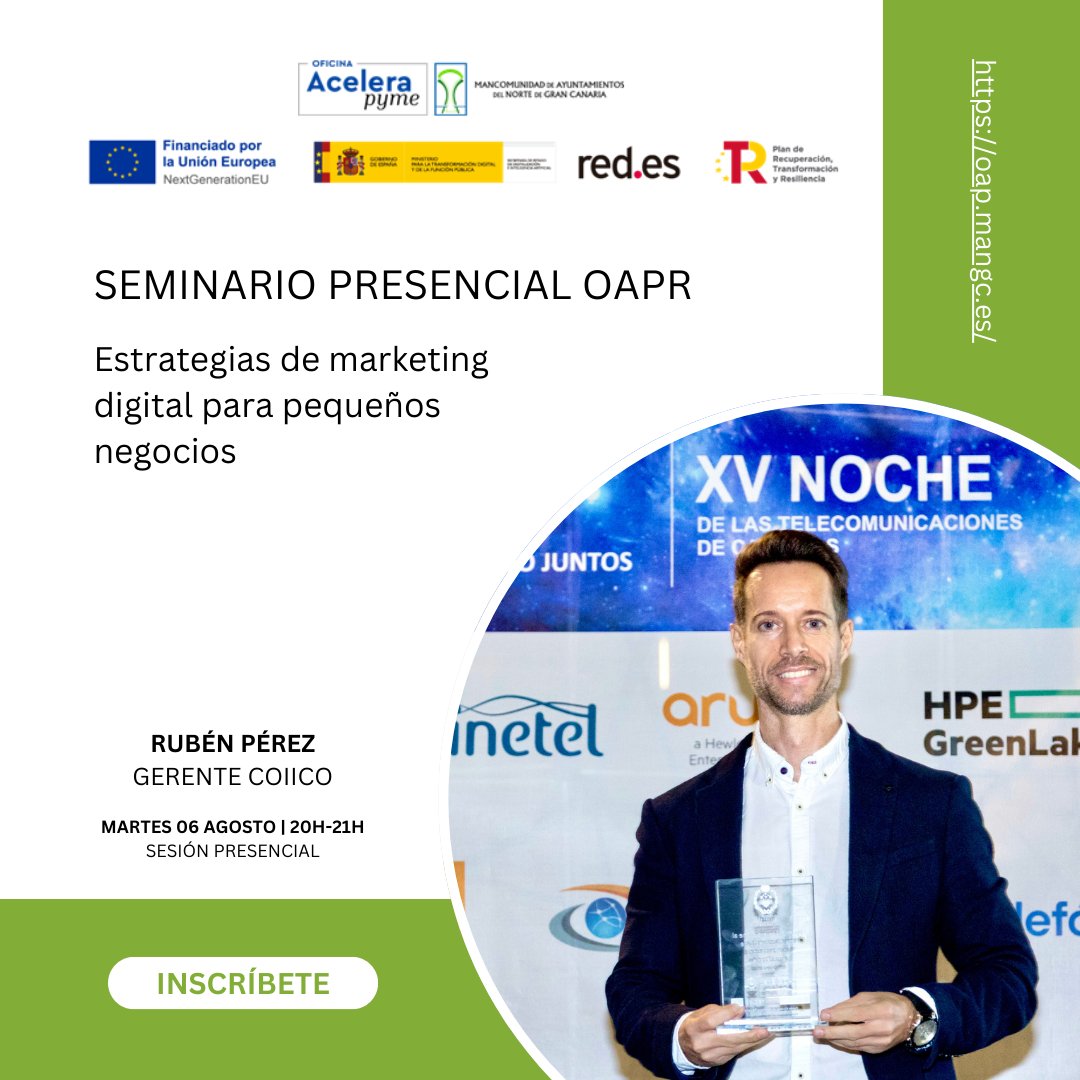 oaprmangc's tweet photo. ¡Buenas tardes! 👋🏼

Me pongo en contacto contigo para informarte que este Martes 6 de Agosto entre las 20H-21H pondremos en marcha el Seminario Presencial OAPR "Estrategias de Marketing digital para pequeños negocios" dirigido a pymes, autónomos y emprendedores. https://t.co/B6b6qpDodR