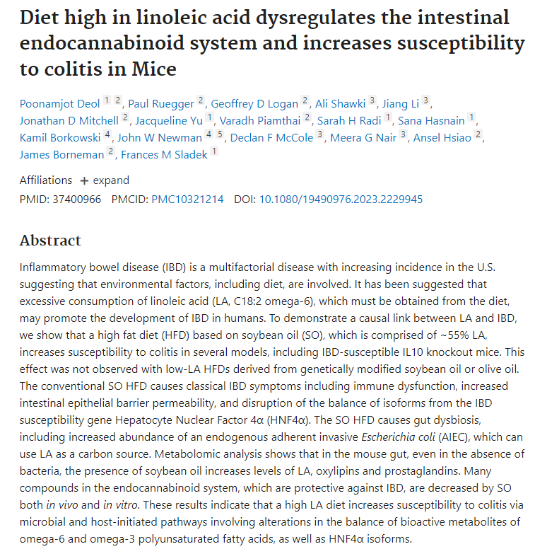 High fat diet where fat is soybean oil increases susceptibility to colitis.

No such effect where the fat is olive oil.