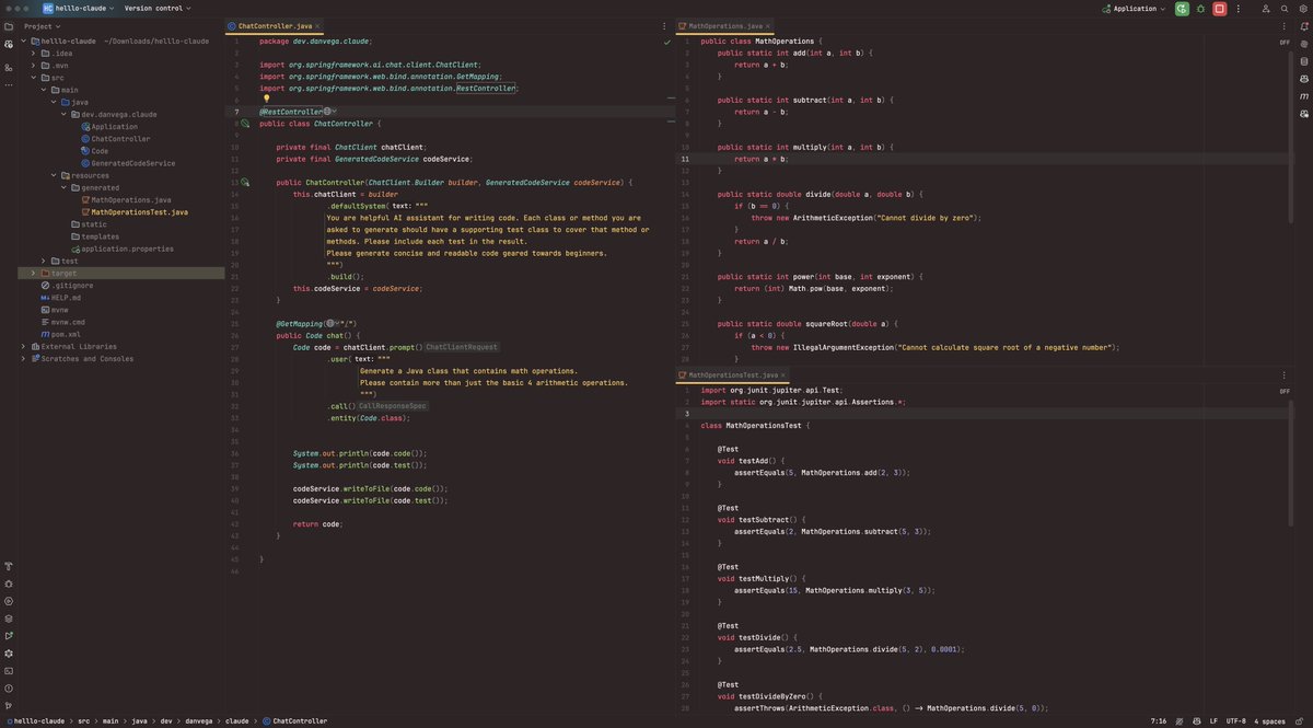 therealdanvega's tweet image. Using Claude Sonnet 3.5 and #SpringAI to generate code and them write the code and test class to file 🤩