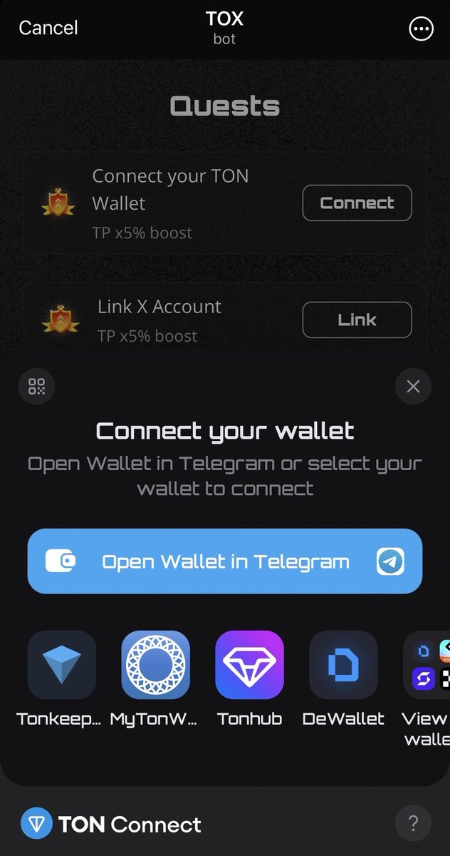 TOX crew 🤙🏻

A new multiplier quest just dropped 📥

You can now connect your TON wallet with TOX bot, and earn an additional 5% boost on your future TP earned! 💸

Connect now 🔽: 
t.me/TOXonTON_Bot