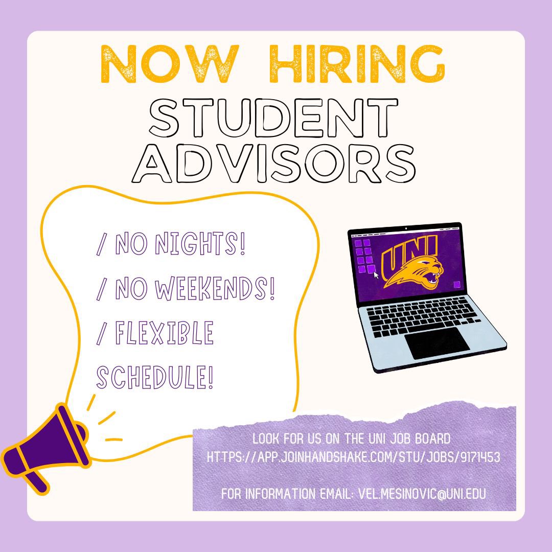 🚀 The UNI Office of Financial Aid and Scholarships is hiring Student Advisors! 🌟 Gain valuable experience and make a difference on campus. Apply now on Handshake! 📲 #UNIJobs #StudentAdvisors