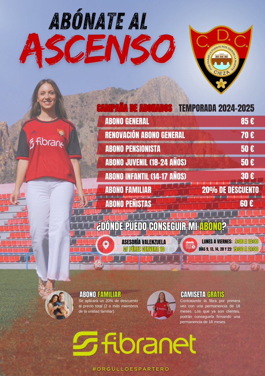 ¡El miércoles 7 de agosto arranca la campaña de abonos! 🎟️ 

Aficionados, podrán adquirir los suyos en Asesoría Valenzuela, Calle Pérez Cervera 10. 🌟 

Para renovar, no olviden llevar su abono antiguo. ¡Abónate al Ascenso! 

#OrgulloEspartero #HazteAbonado