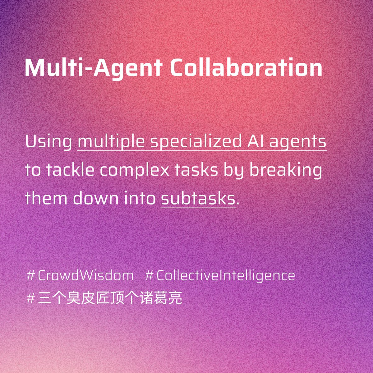 hajime__ai's tweet photo. > Hajime's Daily #AI Word <
Multi-Agent Collaboration
Using multiple specialized AI agents to tackle complex tasks by breaking them down into subtasks.
#CrowdWisdom   #CollectiveIntelligence
#三个臭皮匠顶个诸葛亮
Why?
Everyone is going to have their agent team. We are building a platform for this to happen.