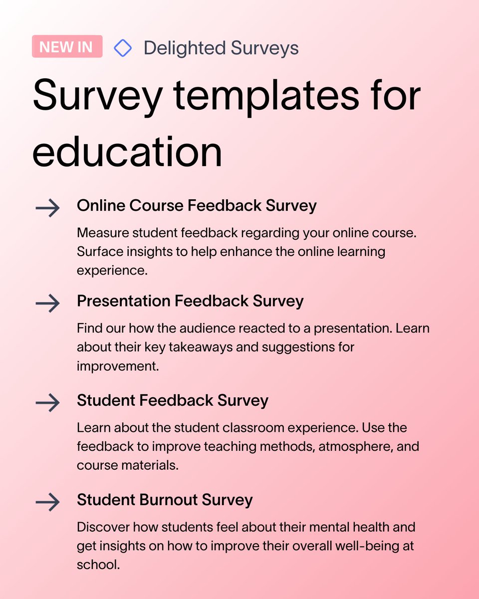 📝 📚 Prepare for back-to-school season with a feedback program built into your lesson plan. 

Ask students about their experience in with your course, how much they were able to learn, and more with our education survey templates: dl.ht/4d3aDvh
