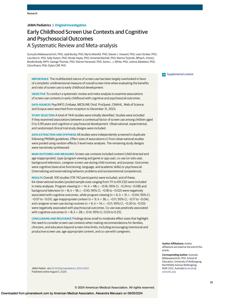 JAMA Pediatrics (@jamapediatrics) on Twitter photo The results of this systematic review and meta-analysis suggest the importance of screen use contexts (type, content, co-use, background or caregiver use) for child cognitive and psychosocial outcomes, beyond total or overall screen time. ja.ma/3WC2tmN <a href="/digitalchildau/">ARC Centre of Excellence for the Digital Child</a> The results of this systematic review and meta-analysis suggest the importance of screen use contexts (type, content, co-use, background or caregiver use) for child cognitive and psychosocial outcomes, beyond total or overall screen time. ja.ma/3WC2tmN <a href="/digitalchildau/">ARC Centre of Excellence for the Digital Child</a>