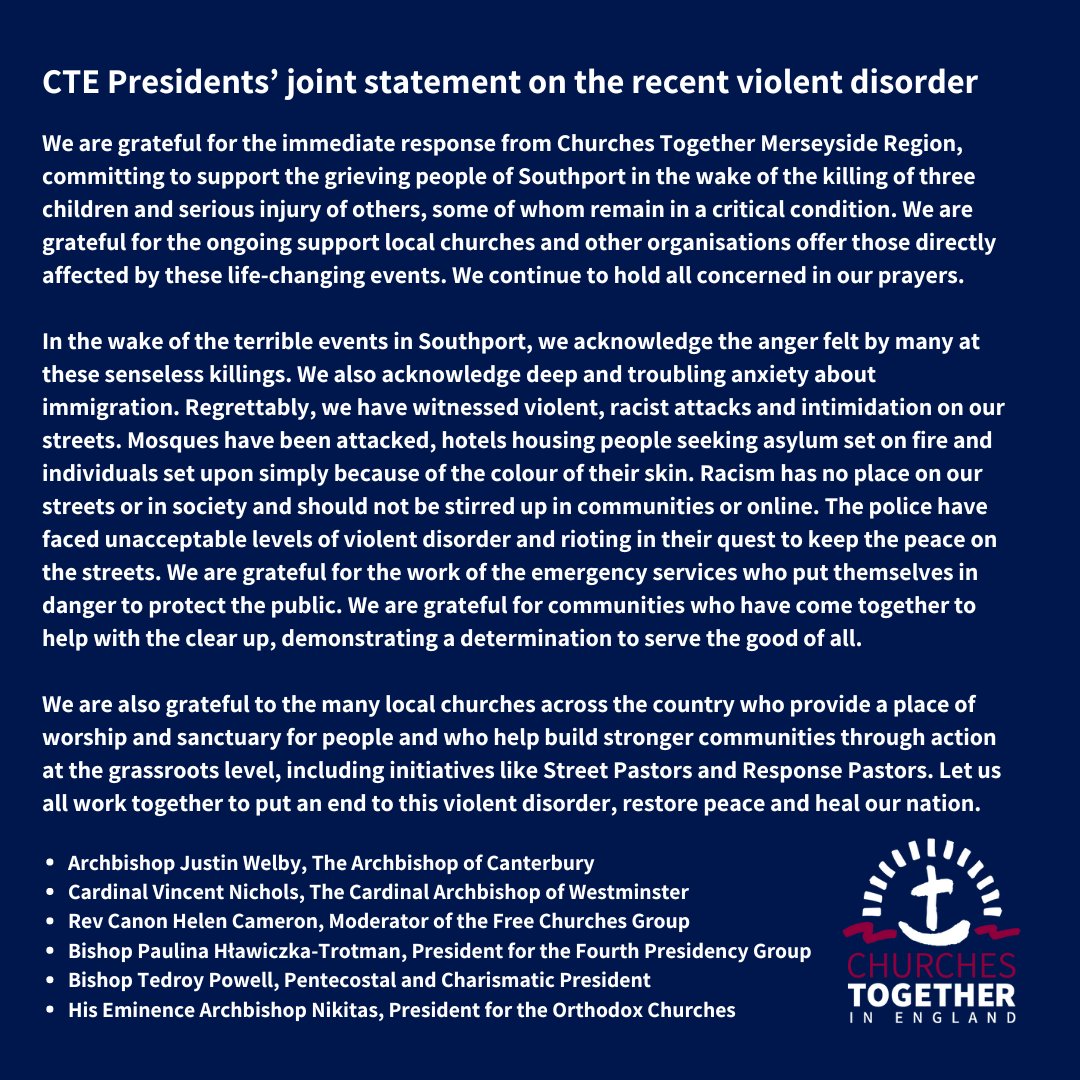 CTE Presidents issue a joint statement in response to recent violent disorder.

They urge churches and communities to work together to put an end to violence, restore peace and heal our nation.

Full text: cte.org.uk/cte-presidents…

#ChurchesTogether
#ChristianUnity