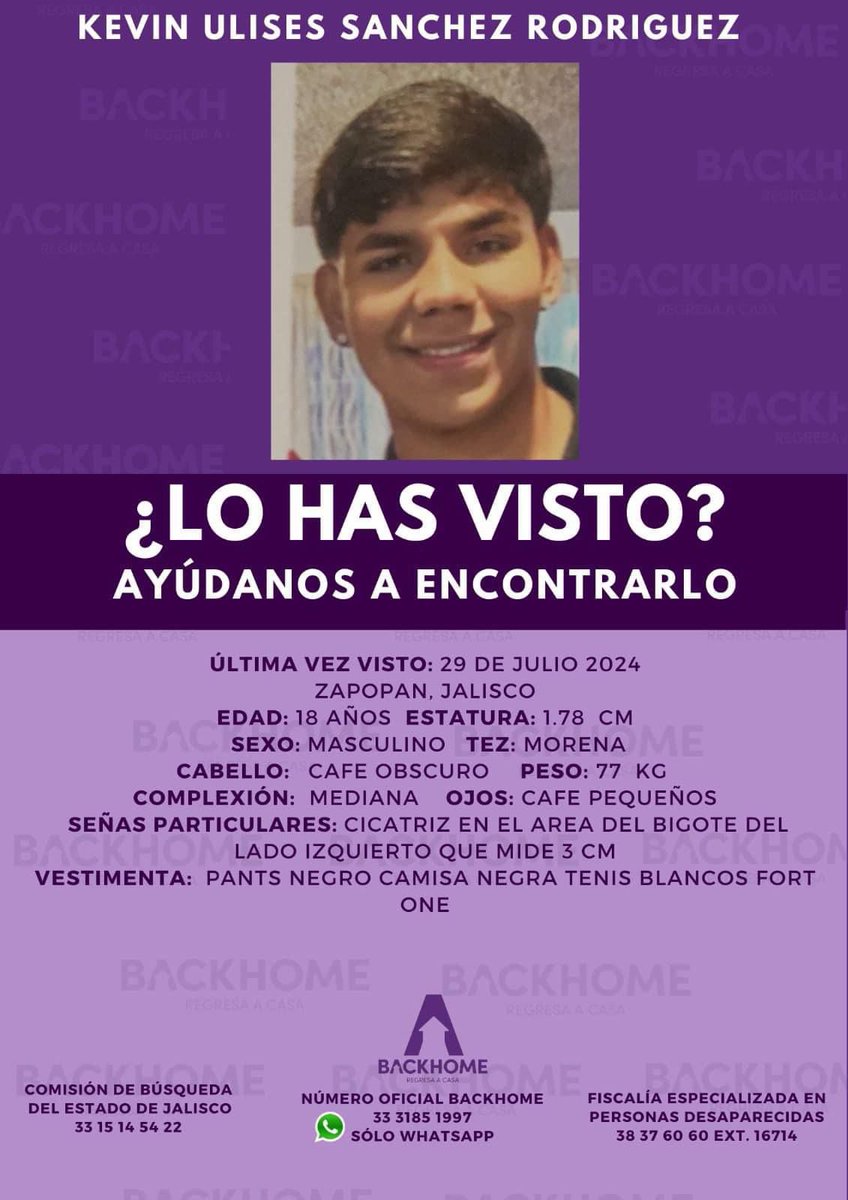 Compartan, sigue desaparecido desde el 29 de julio 2024.
#KevinUlisesSanchez 
#KevinUlisesSanchezRodríguez 
<a href="/FiscaliaJal/">Fiscalía del Estado de Jalisco</a> sobre todo exigimos al Fiscal de #Jalisco Joaquín Mendéz dejar de revictimizar a las víctimas de #DesapariciónForzada 
Estos jóvenes no se fueron por voluntad