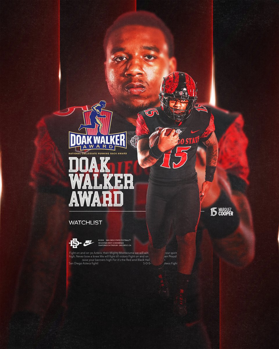 San Diego State Football (@aztecfb) on Twitter photo πππππππ πππππ ππππ π
ππ ππππ π
Marquez Cooper has been named to the <a href="/DoakWalkerAward/">Doak Walker Award</a> Watch List!
#AztecFASTπ’ x #BeTheA1phaπΊ πππππππ πππππ ππππ π
ππ ππππ π
Marquez Cooper has been named to the <a href="/DoakWalkerAward/">Doak Walker Award</a> Watch List!
#AztecFASTπ’ x #BeTheA1phaπΊ