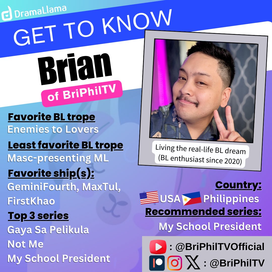 dramallama_app's tweet photo. Help us welcome one hair if the dynamic duo and BLs favorite boyfriends, Brian of @briphilTV, and be sure to stick around for the outtakes 🤣
Full video: https://t.co/3gPaIROKoi
#BLSeries #BoysLove #BL #LoveIsLove #LGBTQ+
#DramaLlama #ContentCreatorChat #CCC #DLCCC #BriPhilTV https://t.co/za6Fb84C6N